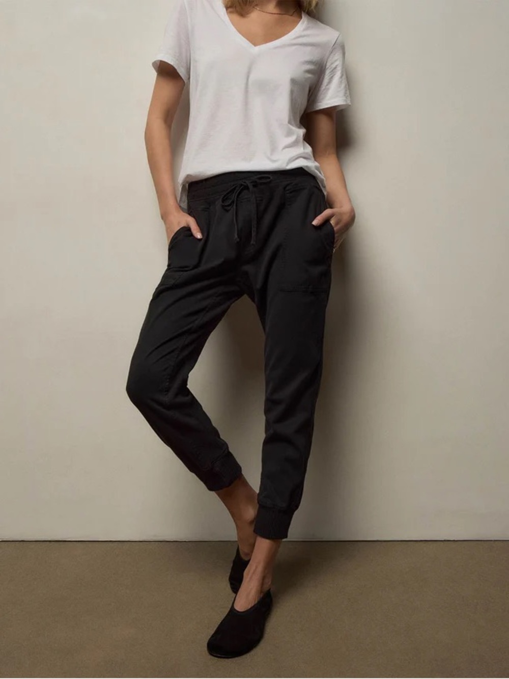 James Perse Mixed Media Pant, Black Drawstring Jogger Relaxed Pants, M